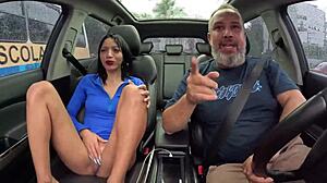 Livia Park debuts naked in street car ride surrendering shaved Latina asshole for first anal