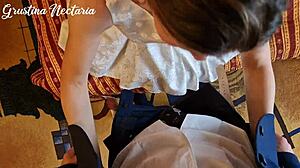 Skinny tanned bride with small waist enjoys first post-wedding doggystyle sex in bedroom