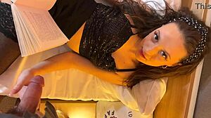 i can't stop spitting on this skinny brunette's long legs cock massage