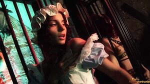 Two prisoners get sucked off by brunette then bang her hard