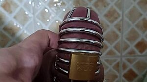 korslaveman pees wearing tight chastity belt on cock