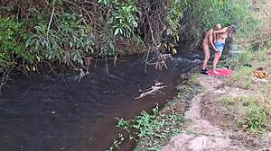 strangers rip clothes for wet pussy licking at the waterfall