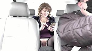 sexy blonde milf lifts skirt no panties for taxi driver pussy play and wet lips close-up