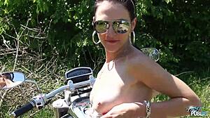 girl rides motorcycle then bends over for intense doggystyle fucking and cumshot