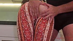 curvy blue eyed cleaning lady milf bends over for creampie tip in kitchen