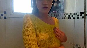 Horny latina babe showers rubbing tits flashing panty-free ass craving dick in wet pussy