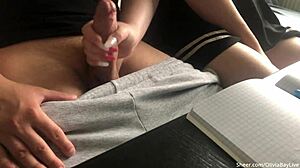 when the teacher turns away olivia bay strokes his monster cock with her big natural tits