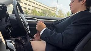 stroking my throbbing monster cock hard in the car