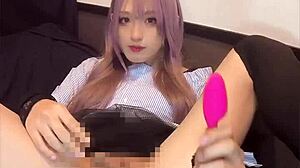 pink-haired ladyboy vibes her tight asshole in solo masturbation