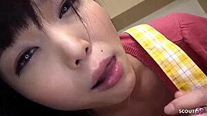 Petite Japanese Stepdaughter Wakes Daddy with Wet Blowjob Tease