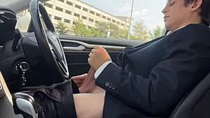 stroking my throbbing monster cock hard in the car