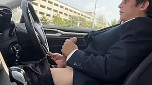 stroking my throbbing monster cock hard in the car