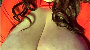 oiled velma's huge natural tits squeeze cock in titty fuck