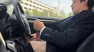 stroking my throbbing monster cock hard in the car