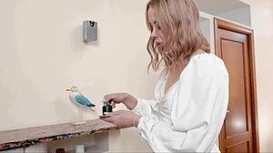 Blonde Brunette Relaxes Shaved Pussy Fingering Natural Tits With Toy Inside