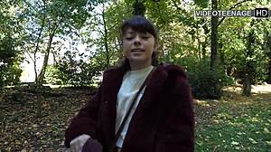 Lovely 18-Year-Old Shaved Teen Flashes Skirt in Outdoor Casting Interview