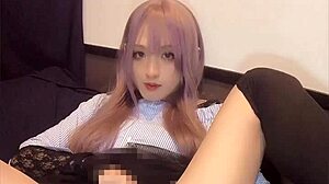pink-haired ladyboy vibes her tight asshole in solo masturbation
