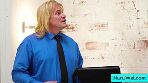 busty teen masseuse rubs nuru gel naked body on evan stone