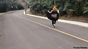 Priscila struts streets in see-through skirt no panties flashing big naturals