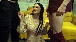 Wanna see this nerdy beauty SHARE our big cocks in a hot threesome?