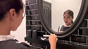 sexy asian maid moans naked giving cum covered blowjob shaved