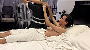 sexy asian maid moans naked giving cum covered blowjob shaved