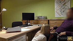 czech teen blonde gives blowjob fingering pussy in office casting pov