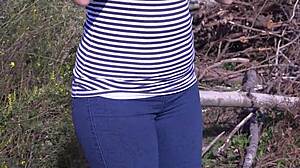 Amateur Brunette Unleashes Powerful Outdoor Piss Stream