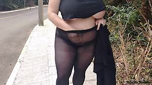 Priscila struts streets in see-through skirt no panties flashing big naturals