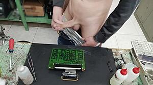 Skinny client blasts monster cumshot all over repair machine
