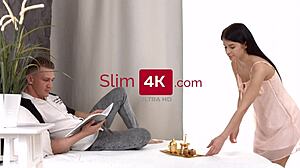 sofa weber's cute shaved teen pussy rides bf cowgirl after dessert!