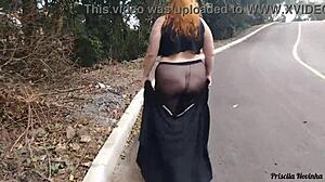 Priscila struts streets in see-through skirt no panties flashing big naturals