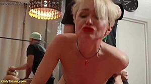 skinny stepmom bends over craving stepson's monster cock. her tight pussy grips during rough doggystyle on massage table