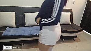 curvy latina mommy in long pantyhose and short shorts teases her huge homemade ass.