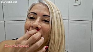 sexy latina milf blonde slut teases sensual bathroom piss sample for fetish lovers