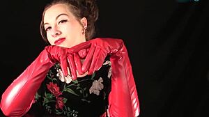 Experienced milf housewife glovejob in red leather