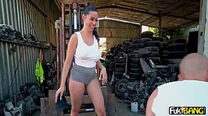 Chubby Sapphire La Piedra tittyfucks monster cock in junkyard!