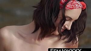 Sensual shaved babe teases pussy close-up on sunny beach