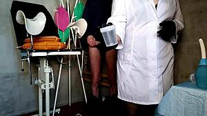 gorgeous mature nurse in pantyhose gloves milks patient cum with wet hairy pussy handjob fetish
