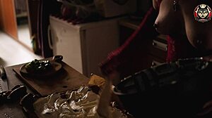 Housewife hairy pussy closeup while naked cooking big cock