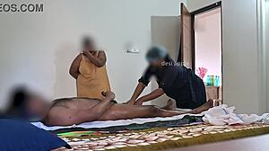 Two massage ladies watch guy flash and jerk his cock up close