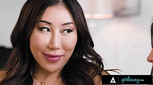 nicole doshi tempted by maya woulfe's rough lesbian strap-on anal