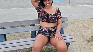 Couple flashes wife's hairy pussy on street beach and market for all