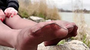 watch goddess tease nylon pantyhose feet in forest spring