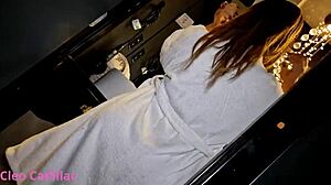 Cleo Cadillac oils up sexy in shower waiting horny for husband