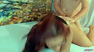 Happy housewife? Nah, her hubby’s slamming big cock doggystyle while she moans loud behind closed doors.