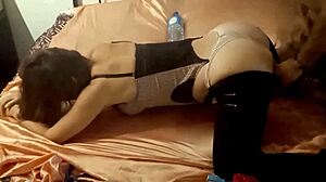 white slut in thong corset heels blows then dogs pov with ass to mouth!