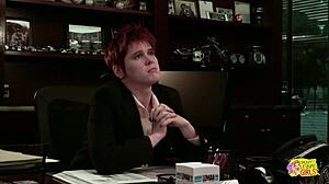 Butch lesbian boss gropes licks fingers wet secretary pussy at office work