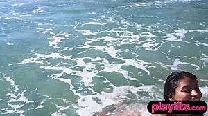 Petite Mexican Strips Beachside Flaunting Her Dripping Big Ass!