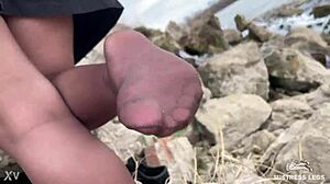 watch goddess tease nylon pantyhose feet in forest spring